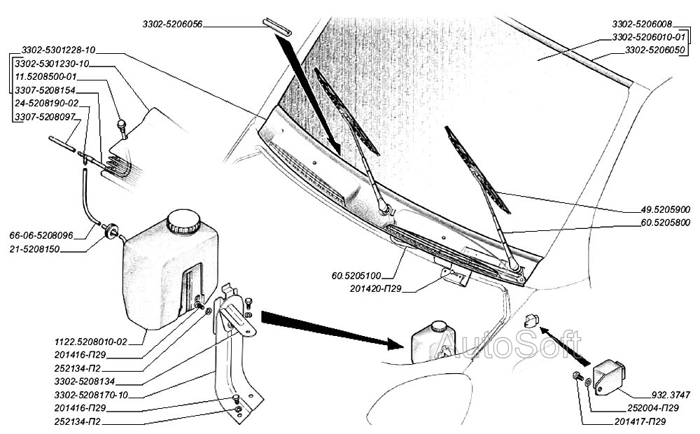 Стекло ветрового окна, стеклоочиститель, облицовка наружной панели передка нижняя