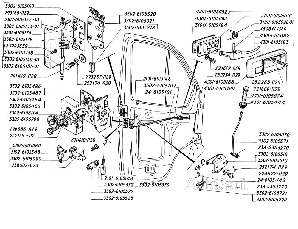 Замок и ручки дверей кабины (для автомобилей выпуска до февраля 2000 г.)