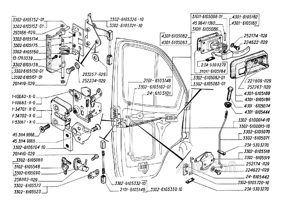 Замок и ручки дверей кабины (для автомобилей выпуска с февраля 2000 г.)