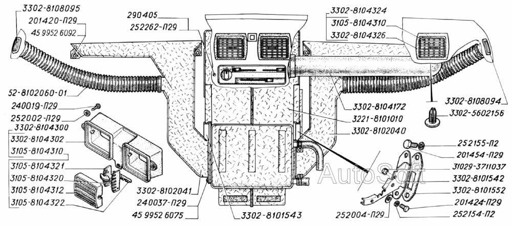 Отопитель, патрубки обогрева и вентиляции кабины и стекол (для автомобилей выпуска до 2003 г.)