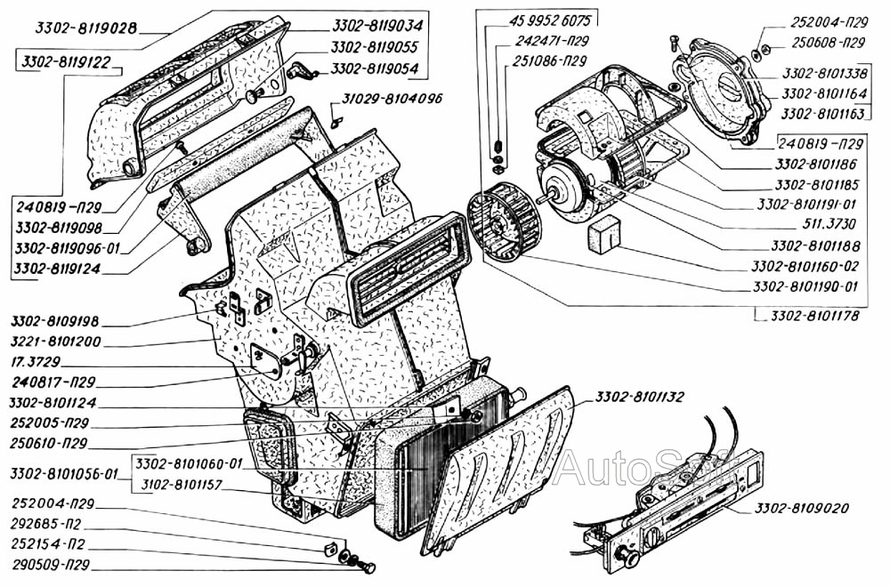 Отопитель, радиатор отопителя, привод вентиляции и отопления (для автомобилей выпуска до 2003 г.)