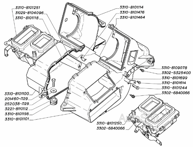 Детали корпуса отопителя (для автомобилей выпуска с 2003 г.)