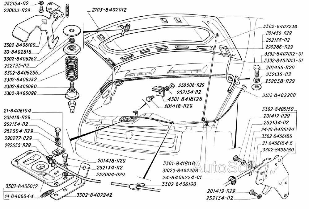 Капот с арматурой, замок капота и его привод, уплотнитель и петли капота (для автомобилей выпуска до 2003 г.)