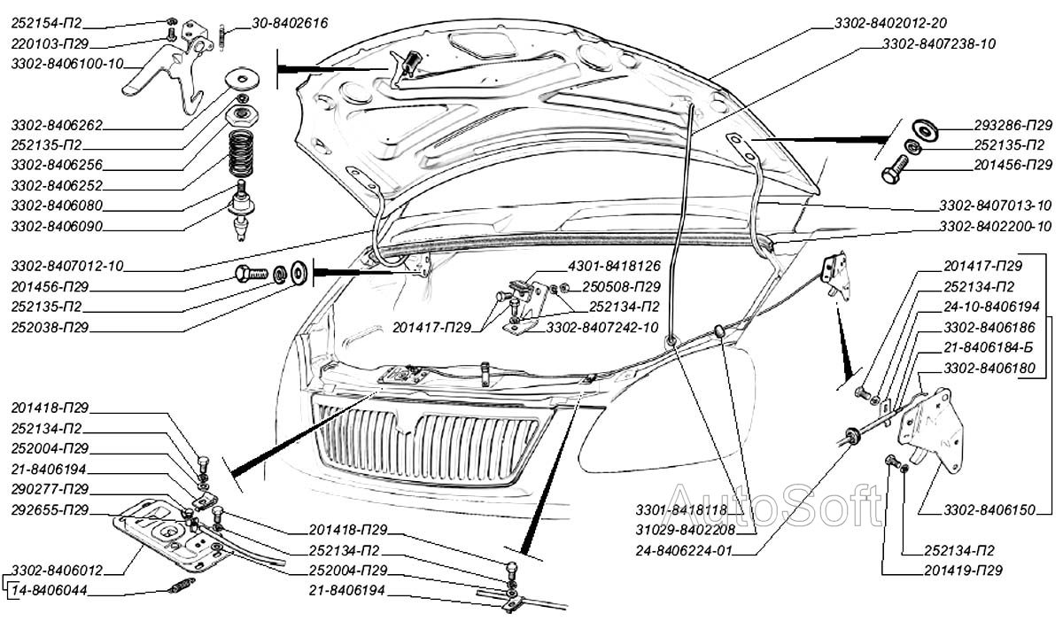 Капот с арматурой, замок капота и его привод, уплотнитель и петли капота (для автомобилей выпуска с 2003 г.)