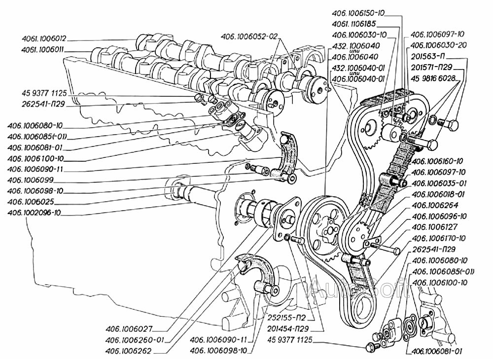 Валы распределительные и цепной привод распредвалов двигателей ЗМЗ-406