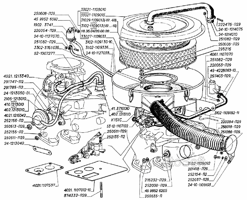 Карбюратор, фильтр воздушный, вентиляция картера двигателей ЗМЗ-402