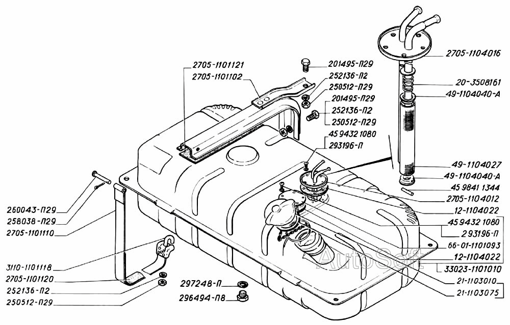 Бак топливный металлический, крепление топливного бака, пробка бака