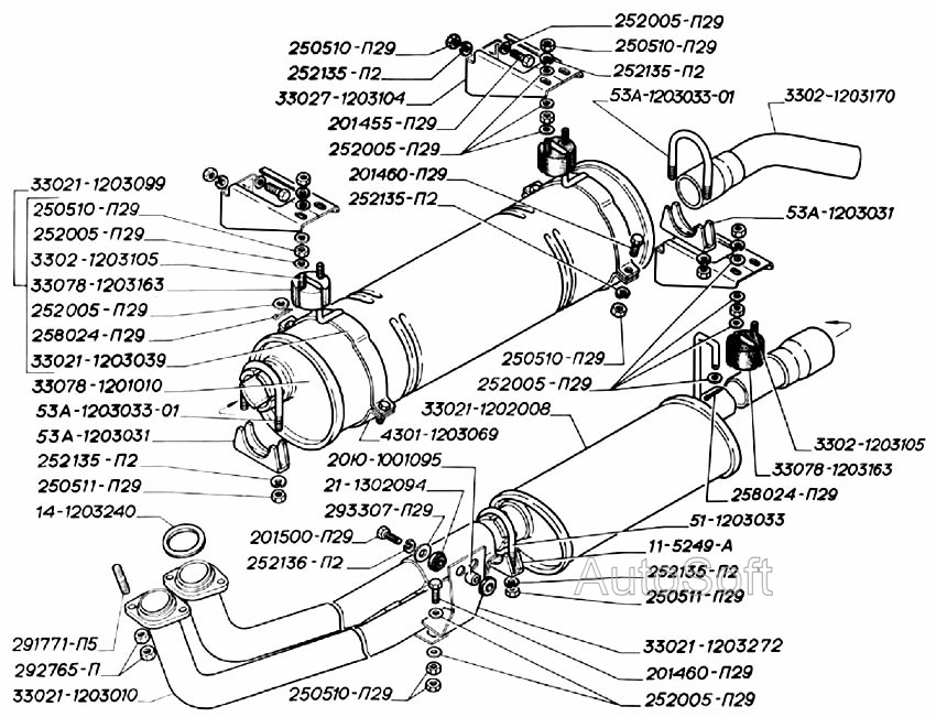 Глушитель, резонатор, трубы и подвеска глушителя двигателей ЗМЗ-402