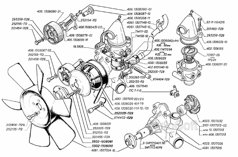 Вентилятор, насос водяной, термостат, датчики указателя температуры ЗМЗ-406