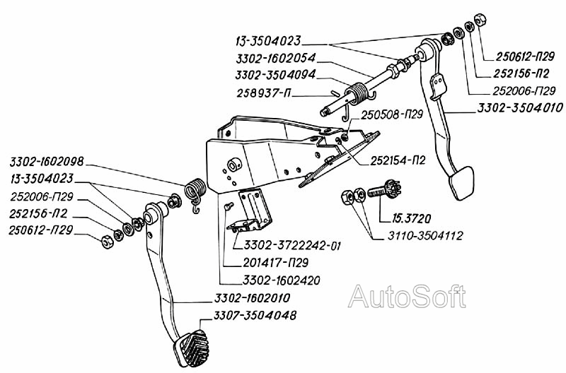 Педали сцепления и тормоза, выключатель сигнала торможения
