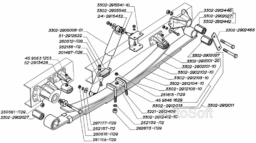 Установка задней подвески. Рессора задняя многолистовая (для автомобилей выпуска до января 2003 г.)