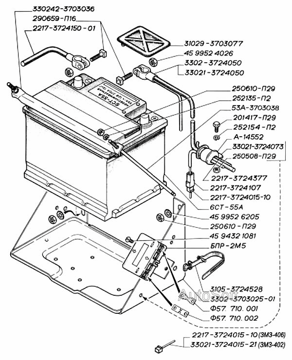 Батарея аккумуляторная, крепление батареи и проводов, блок предохранителей