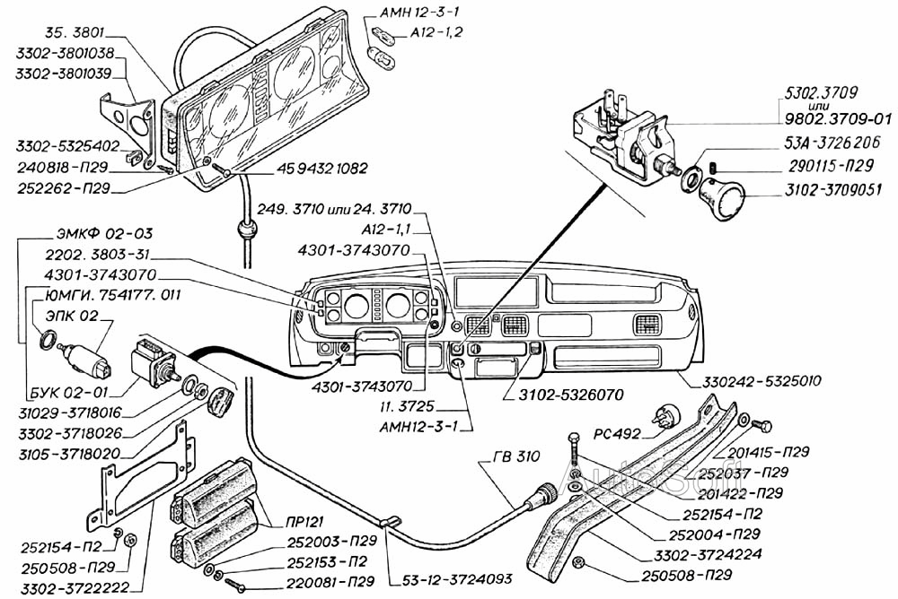 Панель с приборами, комбинация приборов, блоки предохранителей (для автомобилей выпуска до 2003 г.)