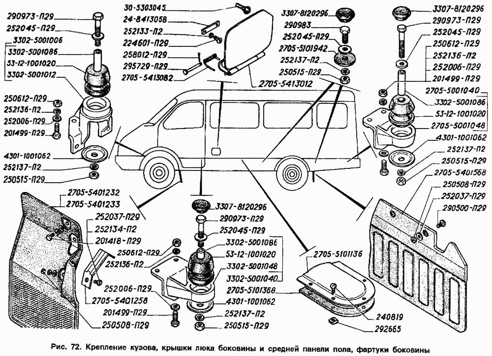 Крепление кузова, крышки люка боковины и средней панели пола, фартуки боковины