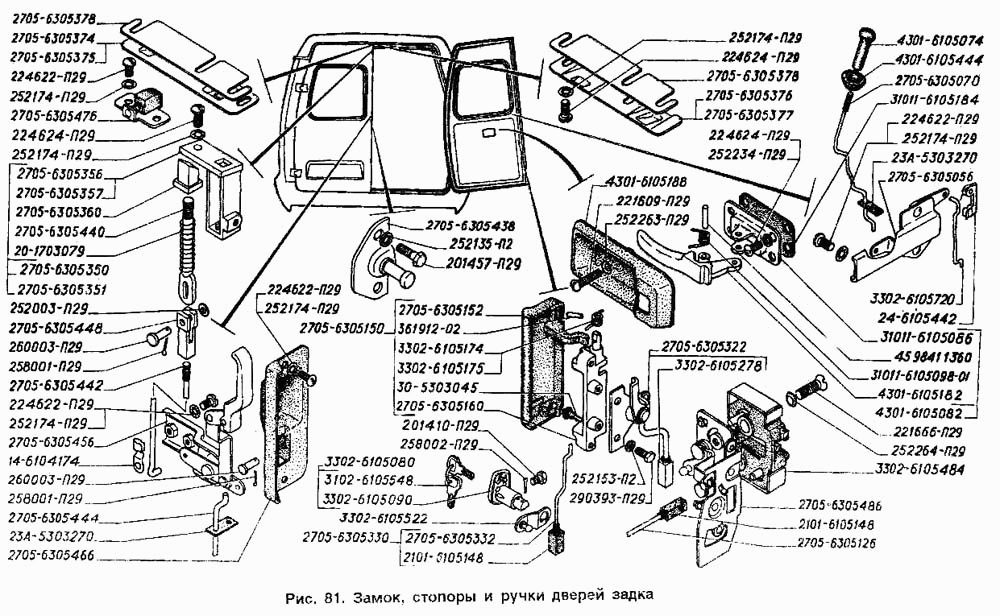 Замок, стопоры и ручки дверей задка