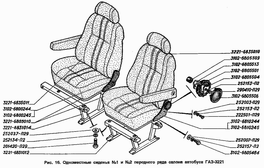 Одноместные сиденья N1 и N 2 переднего ряда салона автобуса ГАЗ-3221