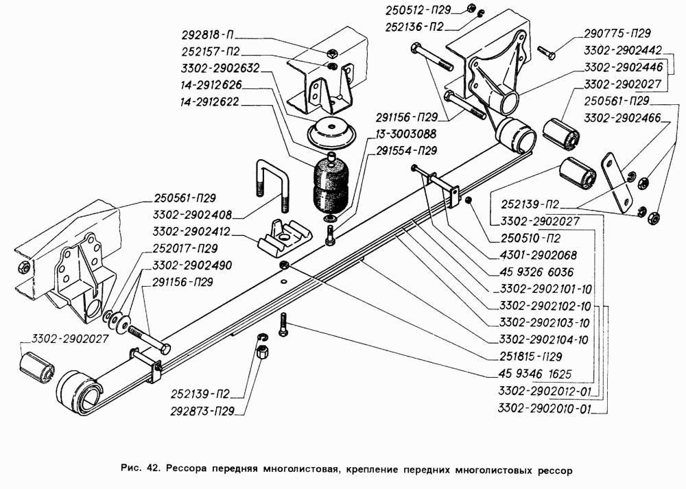 Рессора передняя многолистовая, крепление передних многолистовых рессор
