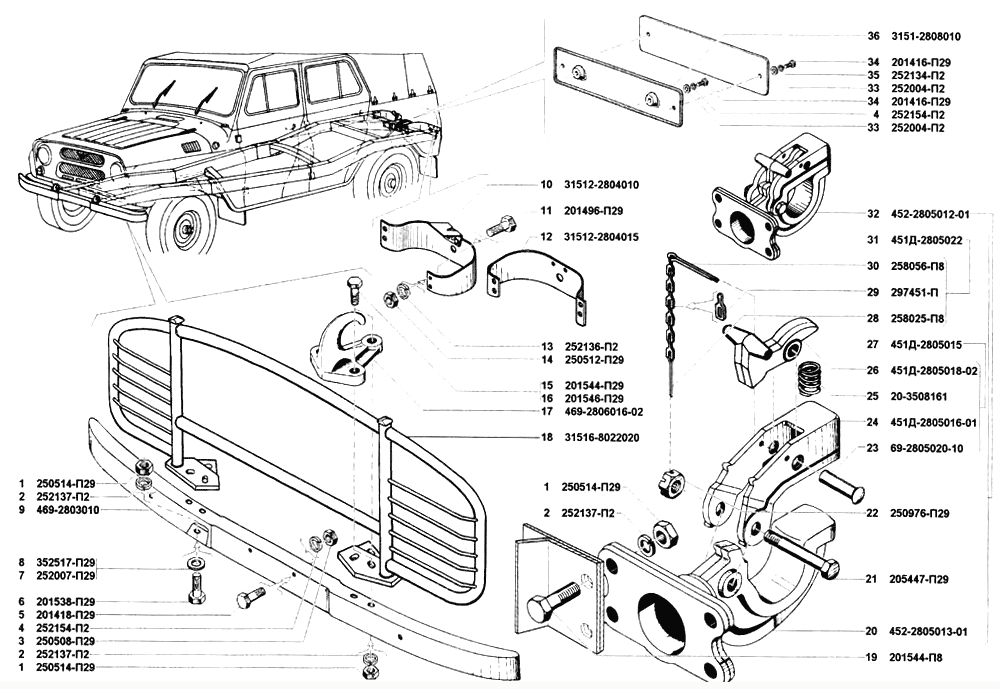 Бампер передний, бампер задний, прибор буксирный, крепление переднего номерного знака, крепление заднего номерного знака