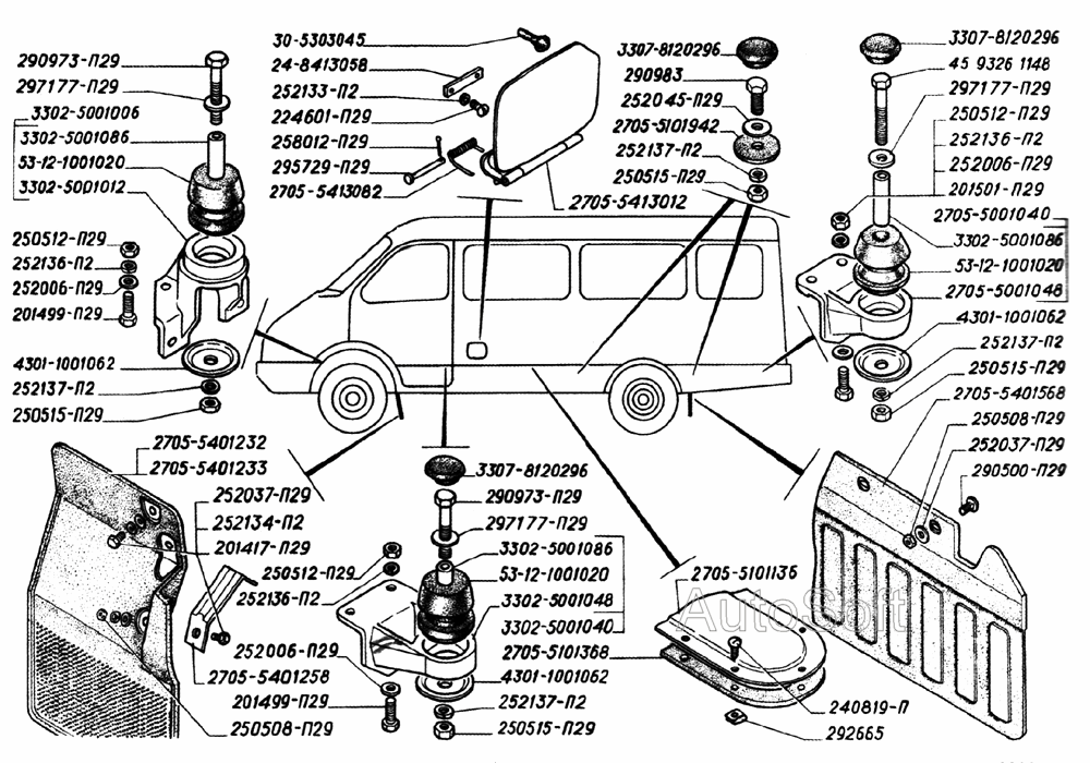 Крепление кузова, крышки люков боковины и средней панели пола, фартуки боковины (для автомобилей выпуска до 2003 года)