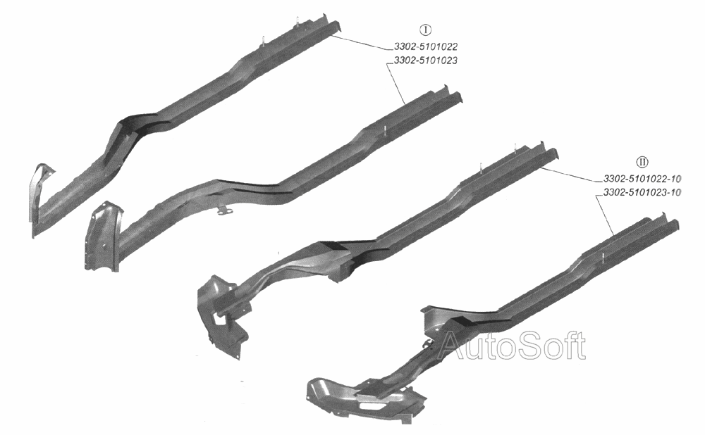 Лонжероны пола кабины: I-для автомобилей выпуска до 2003 года, II-для автомобилей выпуска с 2003 года