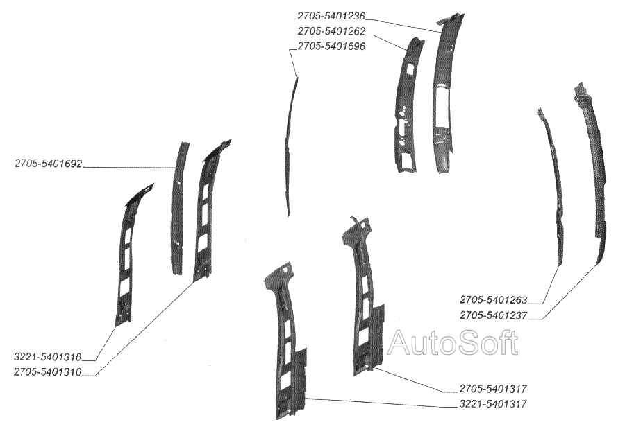 Стойки боковин, стойки проема двери, надставки внутренней панели боковин, надставки боковин