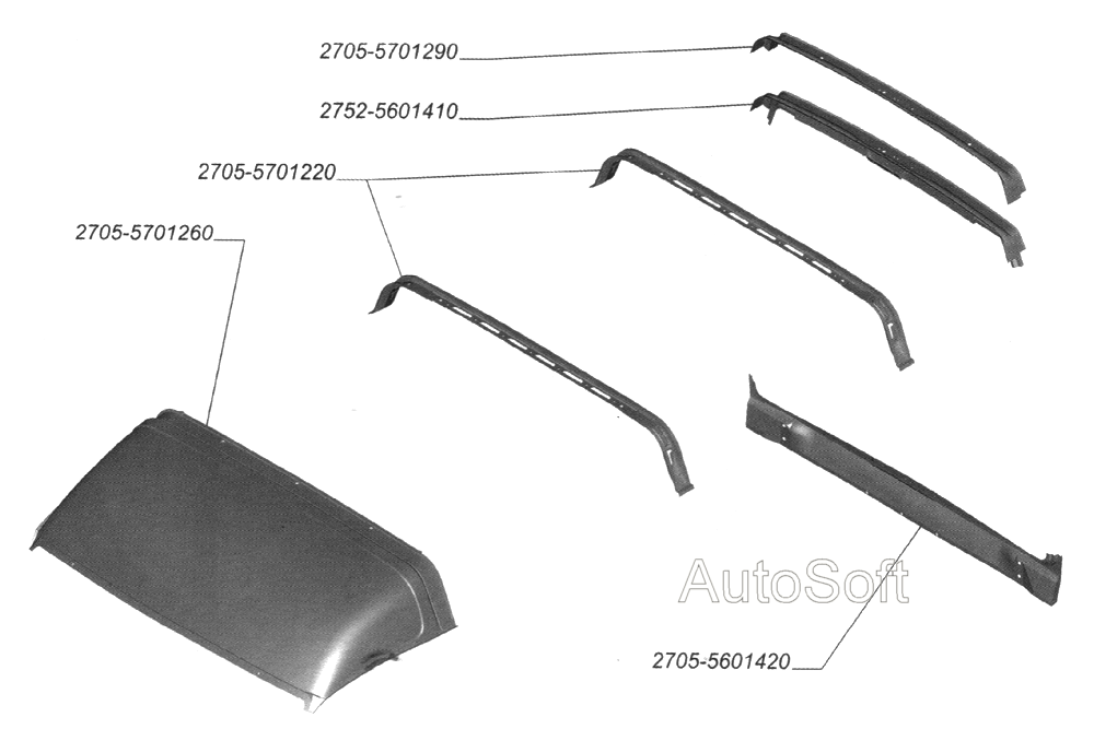 Панель крыши передняя, усилитель крыши, рейка крыши задняя, поперечина задка верхняя и нижняя