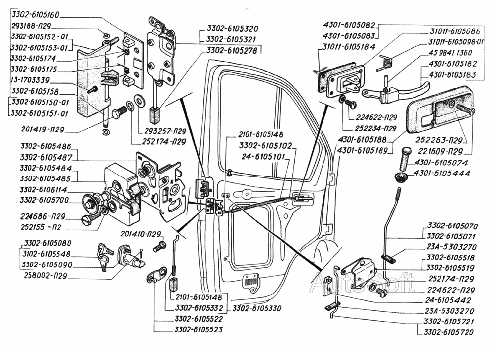 Замок и ручки дверей кабины (для автомобилей выпуска до февраля 2000 года)