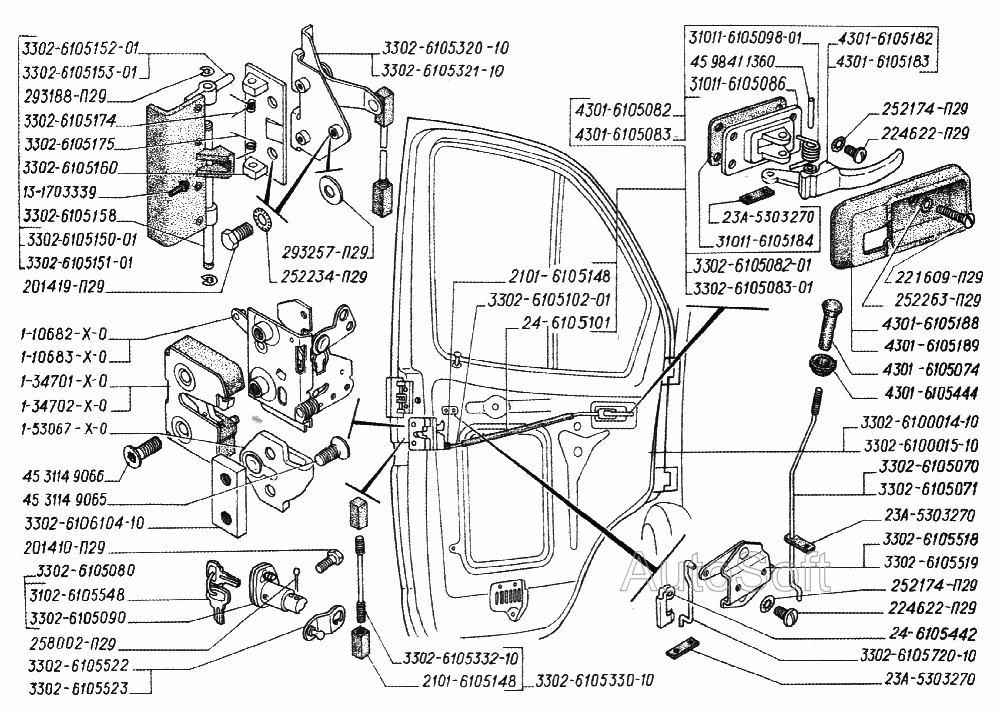 Замок и ручки передних дверей (для автомобилей выпуска с февраля 2000 года до февраля 2004 года)
