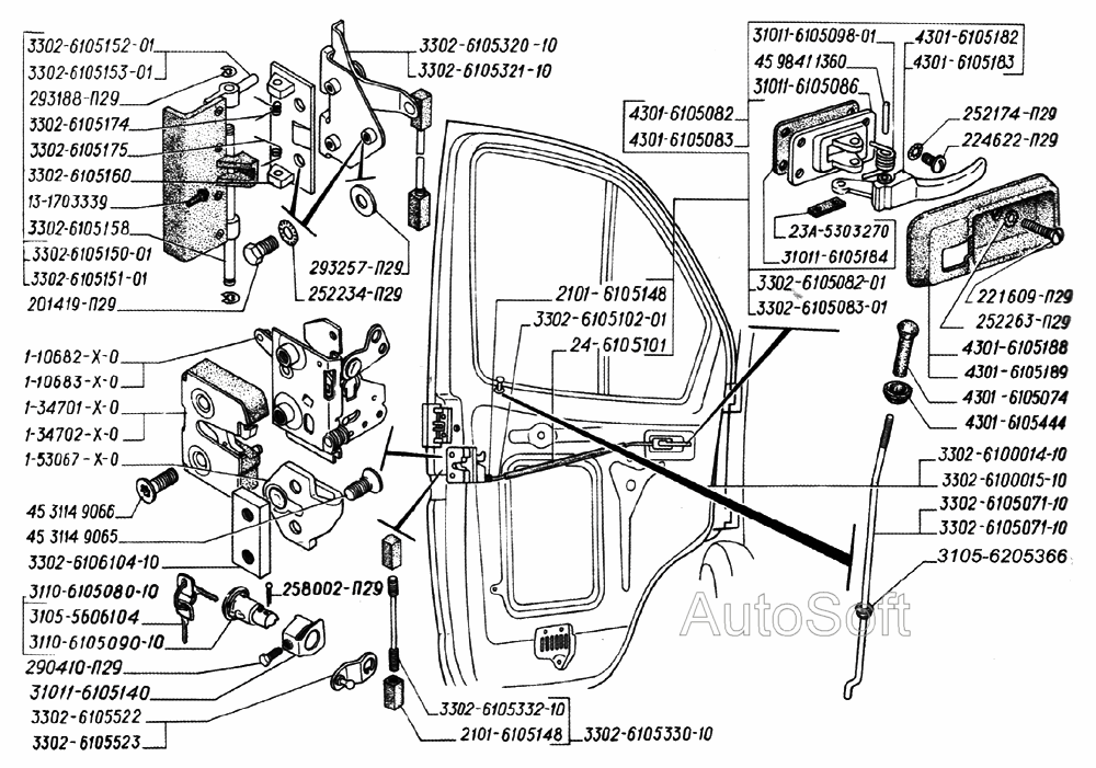 Замок и ручки передних дверей (для автомобилей выпуска с февраля 2004 года)