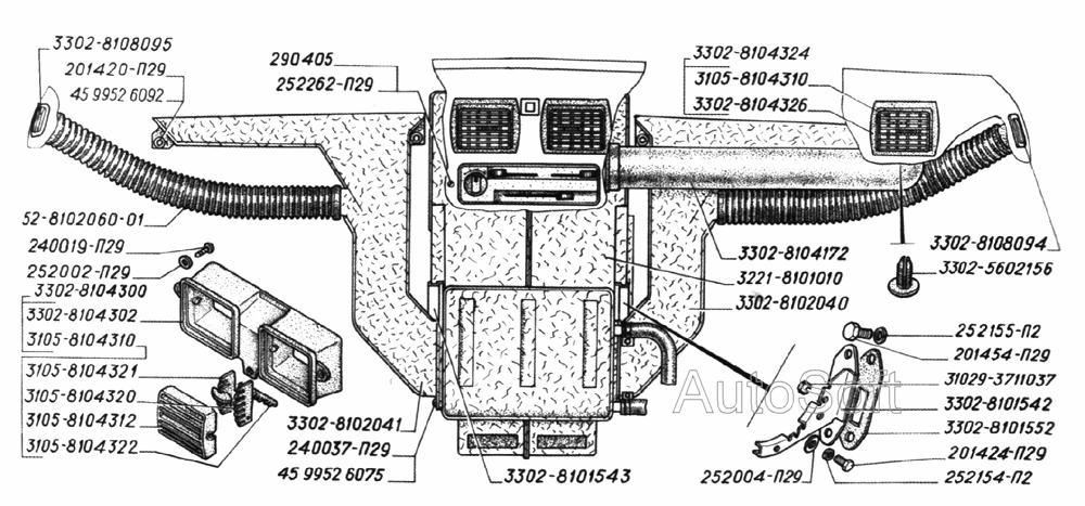 Отопитель, патрубки обогрева ветрового стекла, воздуховод и патрубки вентиляции кабины шланги и патрубки обогрева боковых стекол