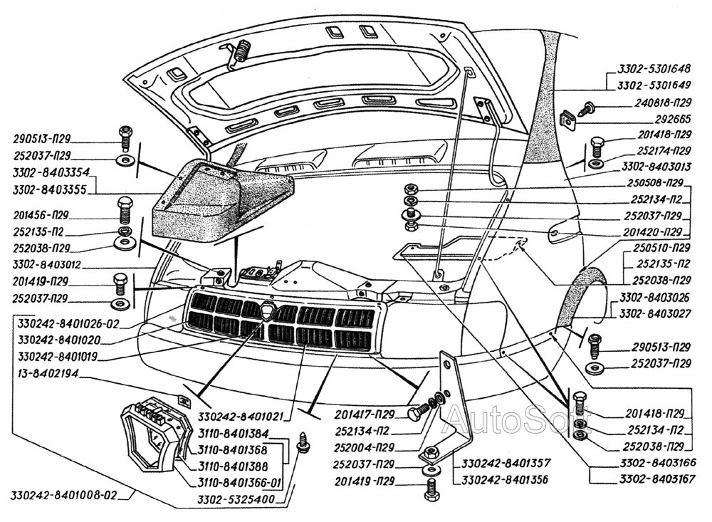 Обшивка радиатора, крылья передние, оперение (для автомобилей выпуска до 2003 года)