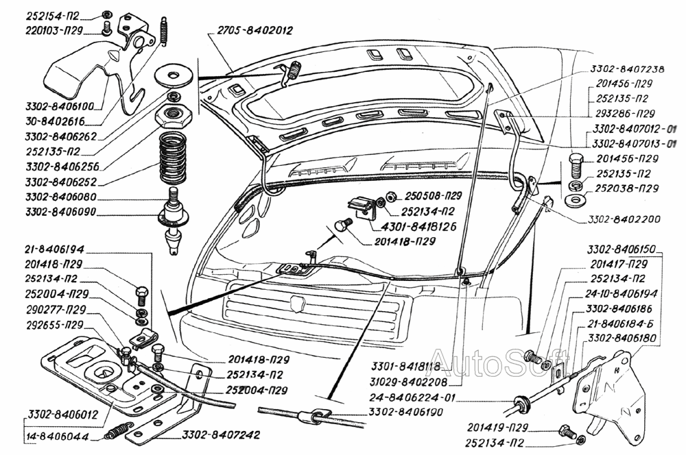 Капот с арматурой, замок капота и его привод, уплотнитель и петли капота