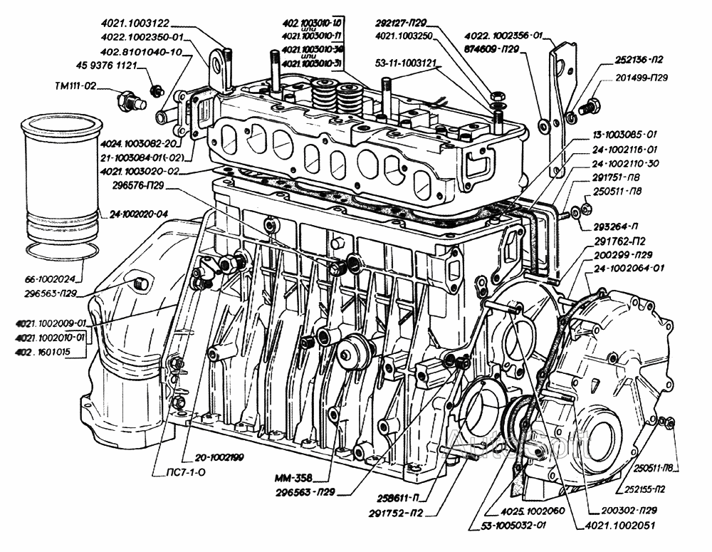 Блок и головка цилиндров, датчик масла и датчик перегрева охлаждающей жидкости двигателей ЗМЗ-402