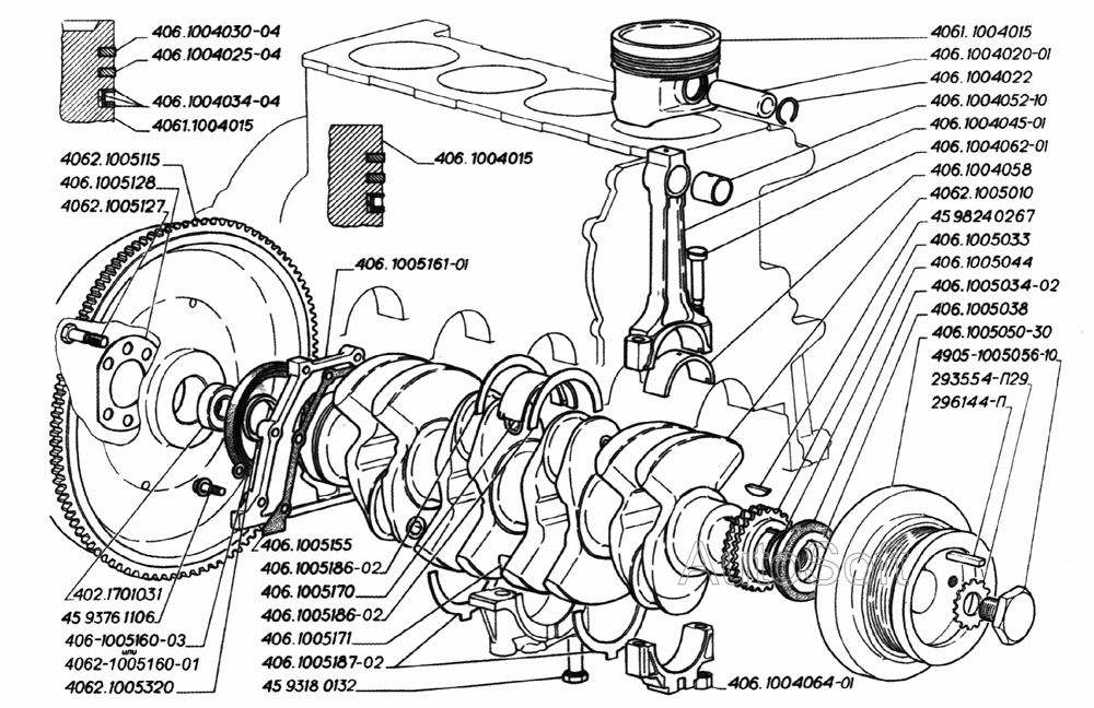 Вал коленчатый, поршни и шатуны двигателя ЗМЗ-406