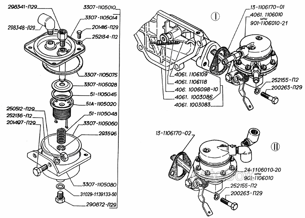 Фильтр грубой очистки топлива, бензонасос: I- для двигателей ЗМЗ-406, II- для двигателей ЗМЗ-402