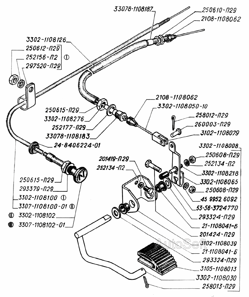 Привод дроссельных и воздушных заслонок карбюратора: I- для автомобилей выпуска до 2003года, II- для автомобилей выпуска с 2003г