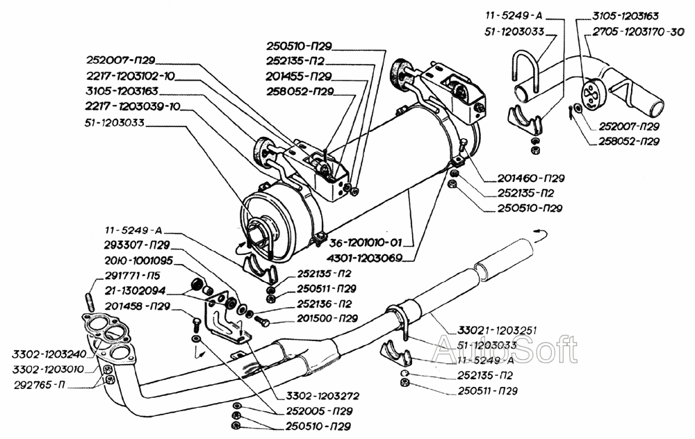 Глушитель, резонатор, трубы и подвеска глушителя двигателей ЗМЗ-406 (для автомобилей выпуска с августа 2003года)