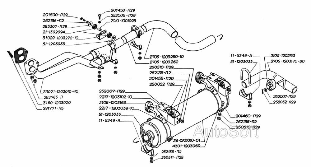 Глушитель, трубы и подвеска глушителя двигателя УМЗ-4215