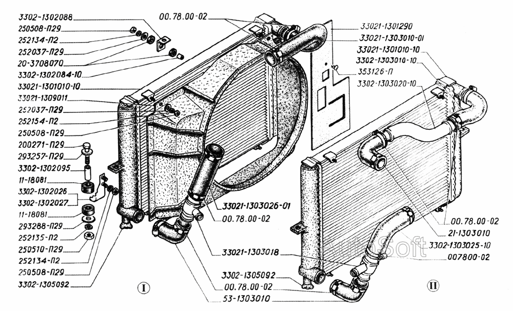 Радиатор, подвеска радиатора, трубопроводы и шланги (для автомобилей выпуска до 1998 года): I- для двигателя ЗМЗ-402, II- для дв