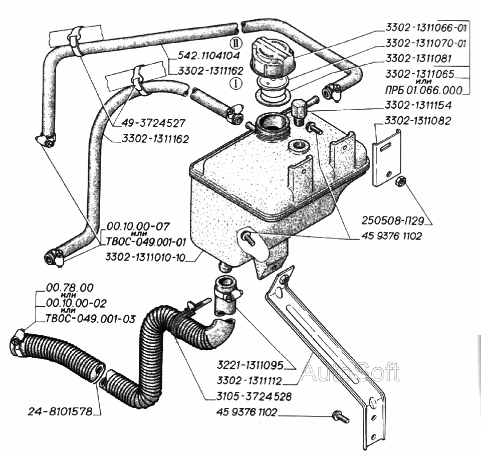 Расширительный бачок системы охлаждения, пробка расширительного бачка (для автомобилей выпуска до 2003 года): I-автомобили с дви