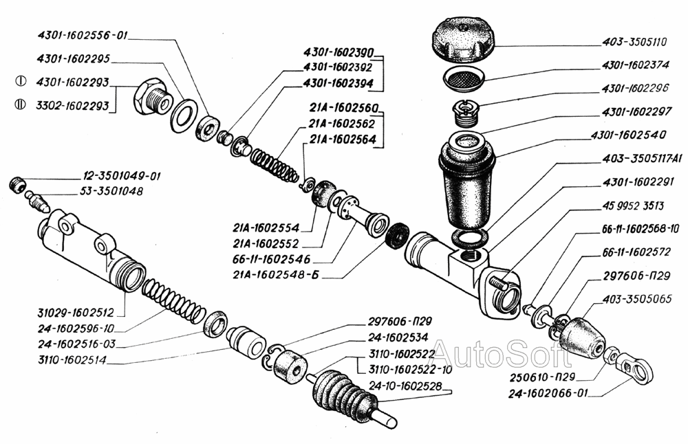 Детали главного и рабочего цилиндров привода включения сцепления: I-для цилиндра 4301-1602290, II-для цилиндра 3302-1602290