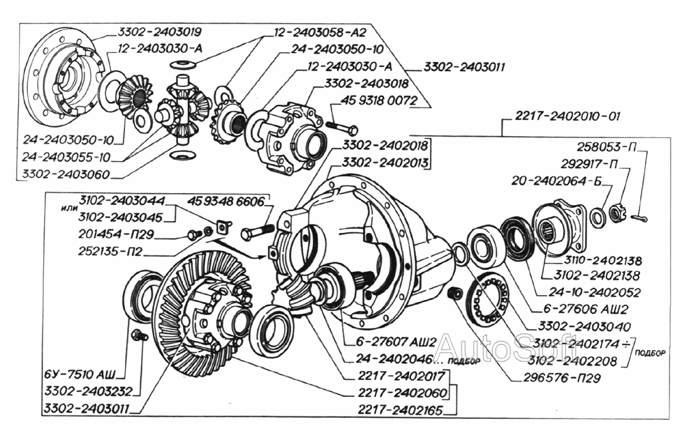 Редуктор моста, картер редуктора, шестерни главной передачи, дифференциал (для автомобилей с двигателями УМЗ-4215)