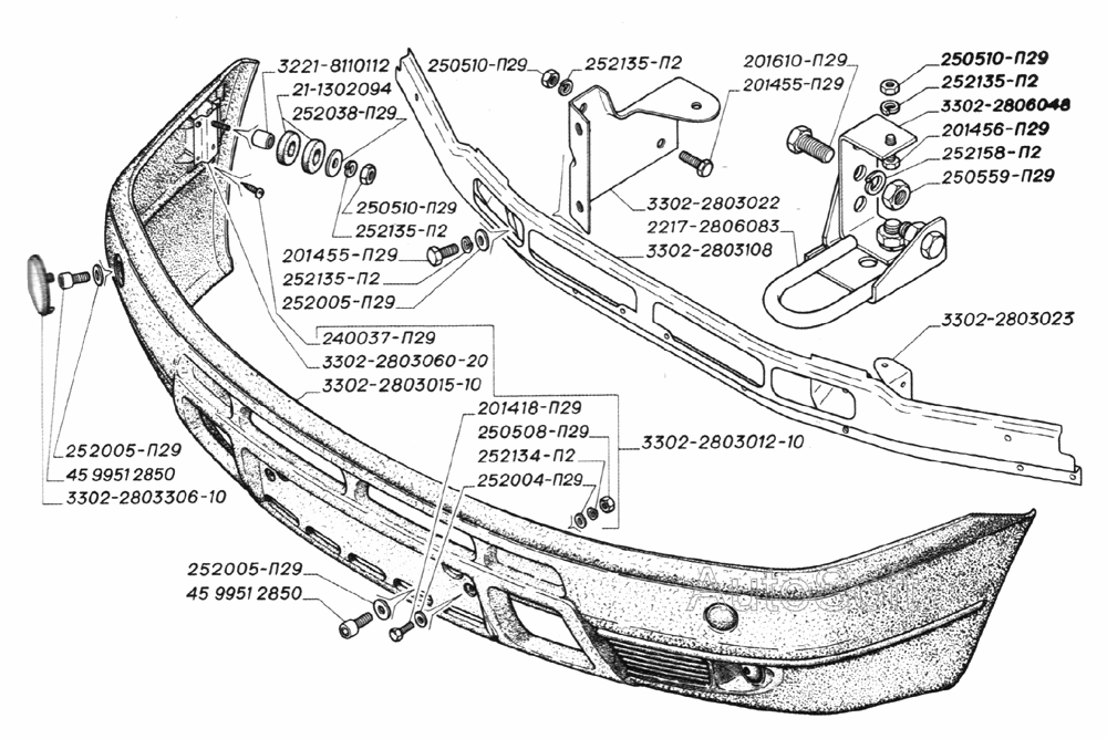 Буфер передний, переднее буксирное устройство (для автомобилей выпуска с 2003 года)