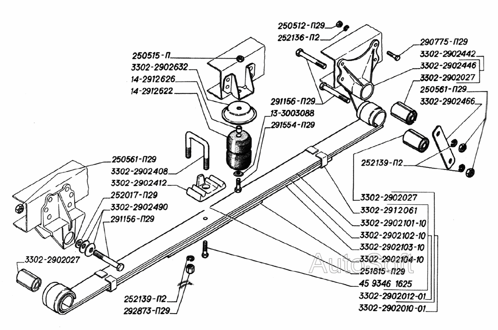 Рессора передняя многолистовая, крепление передних многолистовых рессор (для автомобилей выпуска до апреля 2002 года)