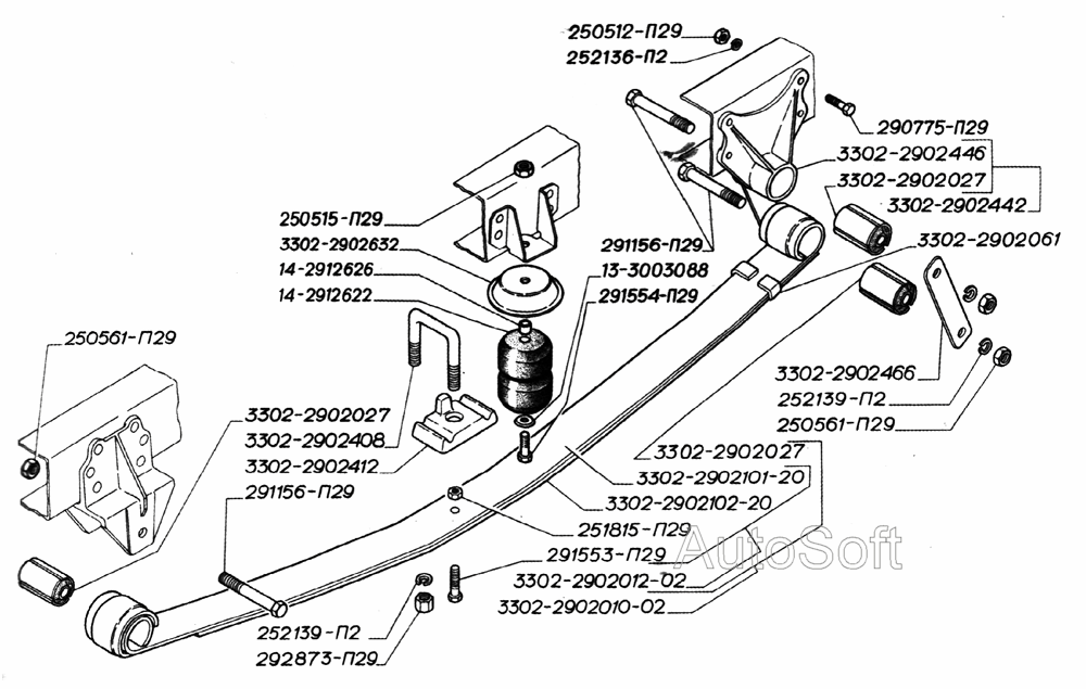 Рессора передняя многолистовая, крепление передних многолистовых рессор (для автомобилей выпуска с апреля 2002 года)