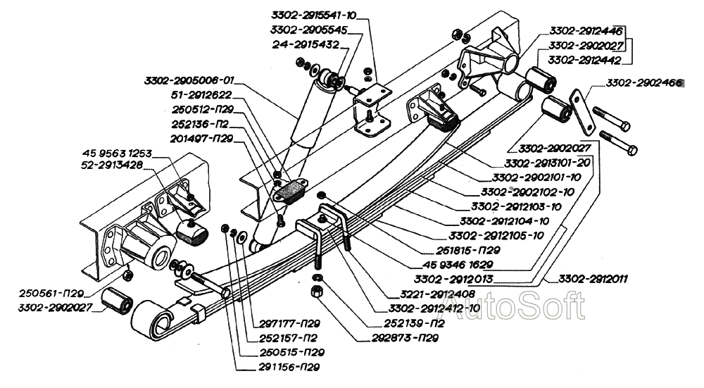 Установка задней подвески. Рессора задняя многолистовая с дополнительным листом (для автомобилей выпуска до января 2003 года)