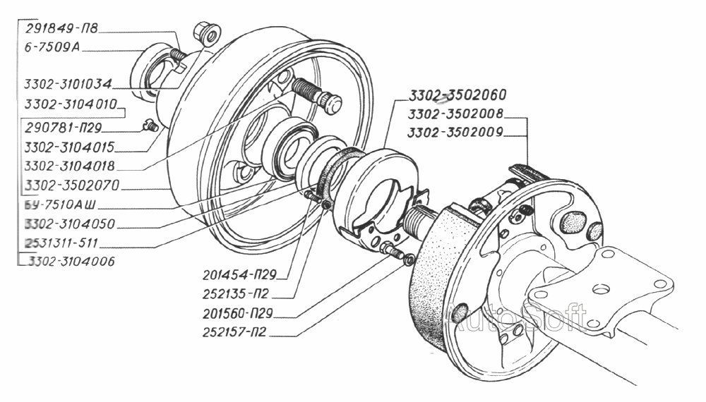 Ступица заднего колеса с барабаном, тормоз колодочный задний