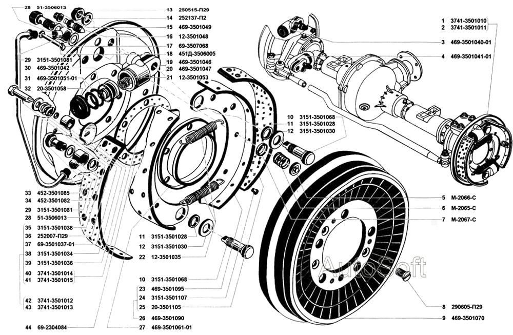 Тормоза рабочие передние и тормозные барабаны