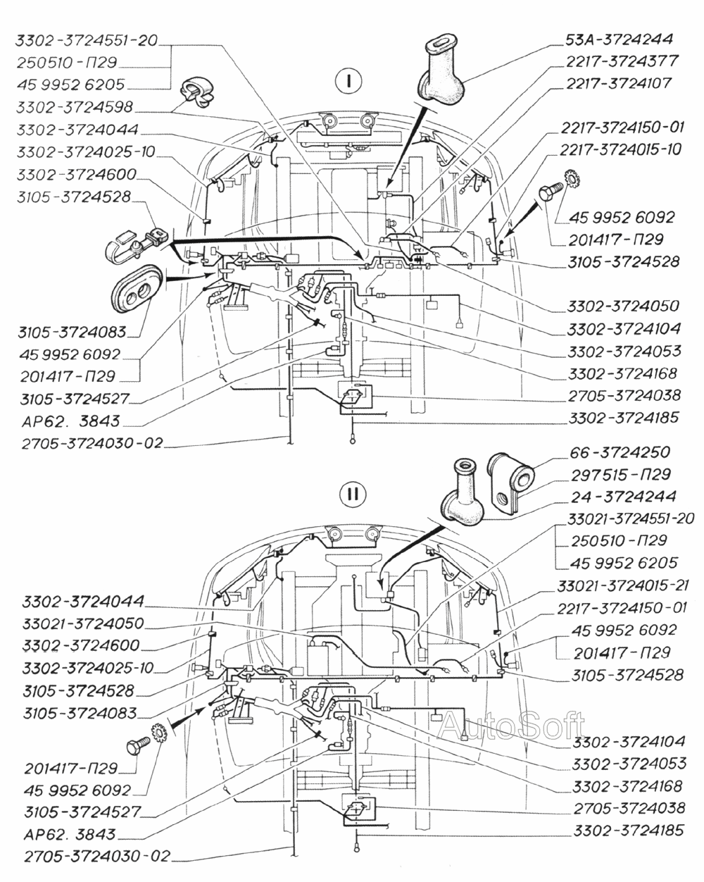 Электропровода (моторный отсек и кабина): I-для автомобилей с двигателями ЗМЗ-406, II-для автомобилей с двигателями ЗМЗ-402