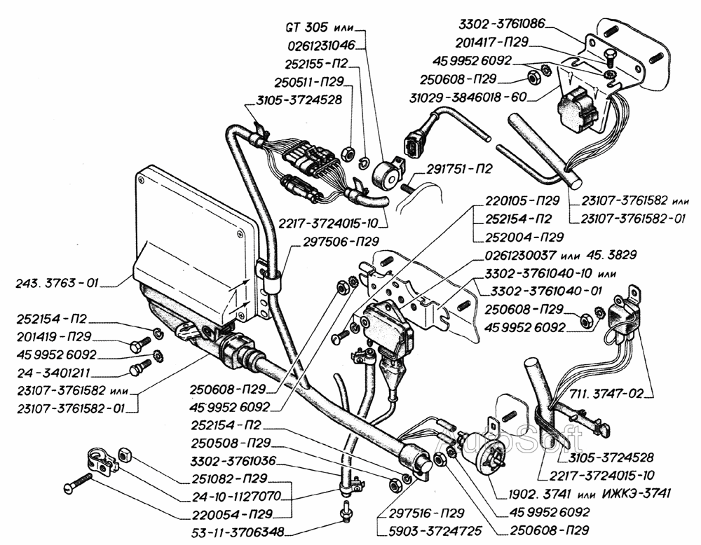 Блок управления, электромагнитный клапан ЭПХХ, датчик абсолютного давления и датчик детонации системы управления зажиганием двиг